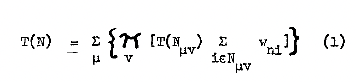 Scanned equation (1) from the source paper — T(N) as a sum over μ of a product over ν of bracketed terms, with hand-drawn Σ and Π symbols and two levels of subscript.