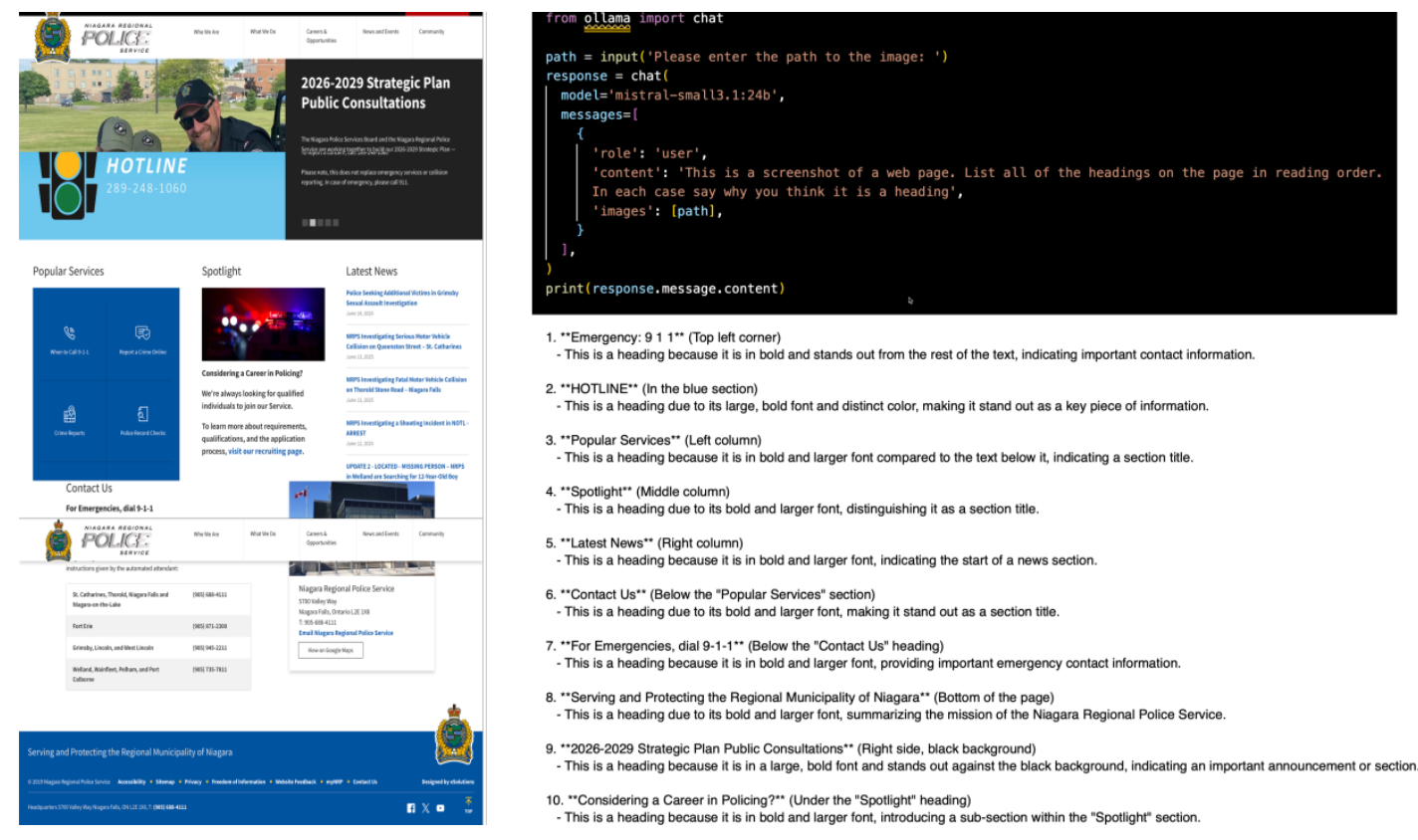 Composite figure: the Niagara Region Police Service home page being tested (left); the Python script that sends a screenshot to a local Ollama vision model, asking it to list every heading in reading order and justify each (top right); and Mistral's reply — a numbered list of ten detected headings, each with a short justification citing bold weight, larger font, or colour (bottom right).